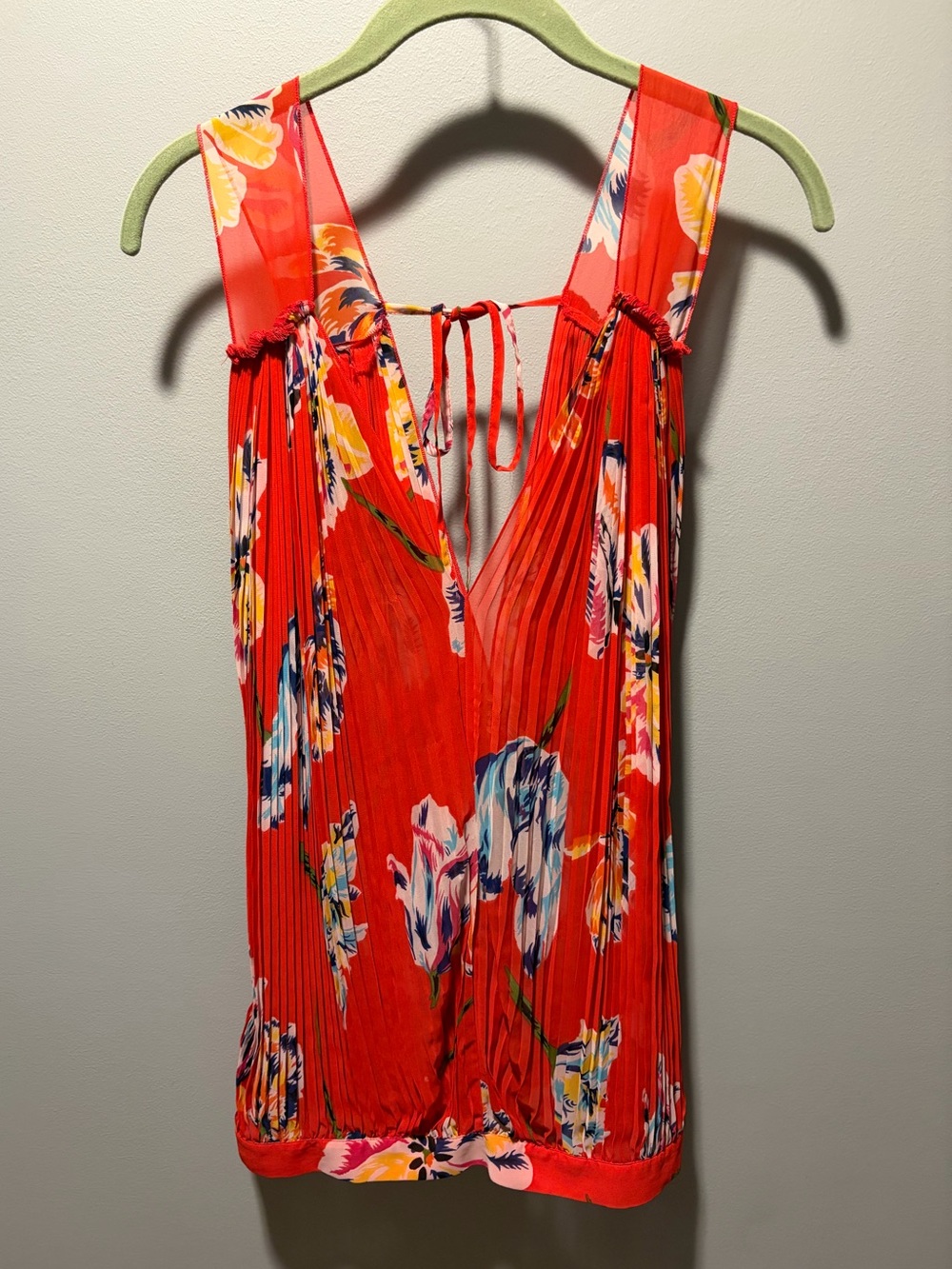 Free People Red Floral Pleated V-Neck Tank Top